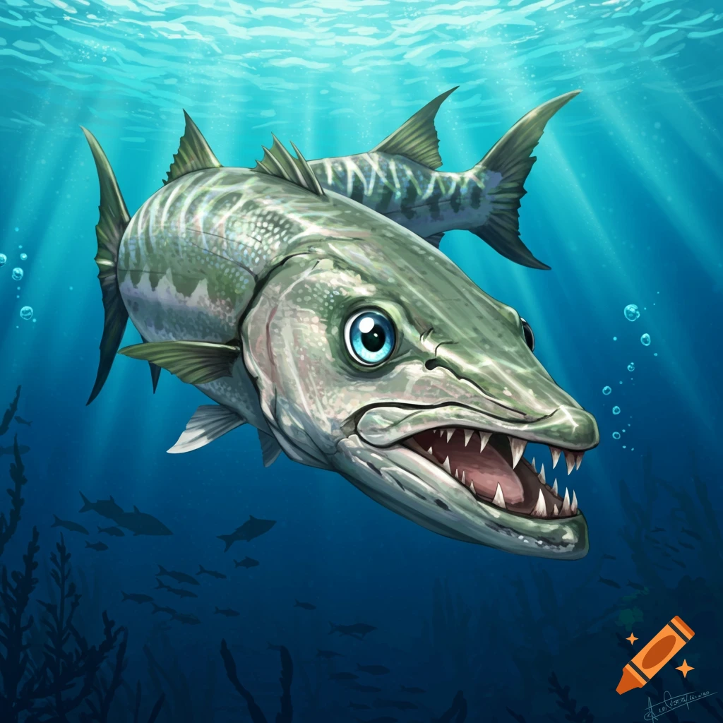 A barracuda fish with large blue anime eyes swimming underwater.
