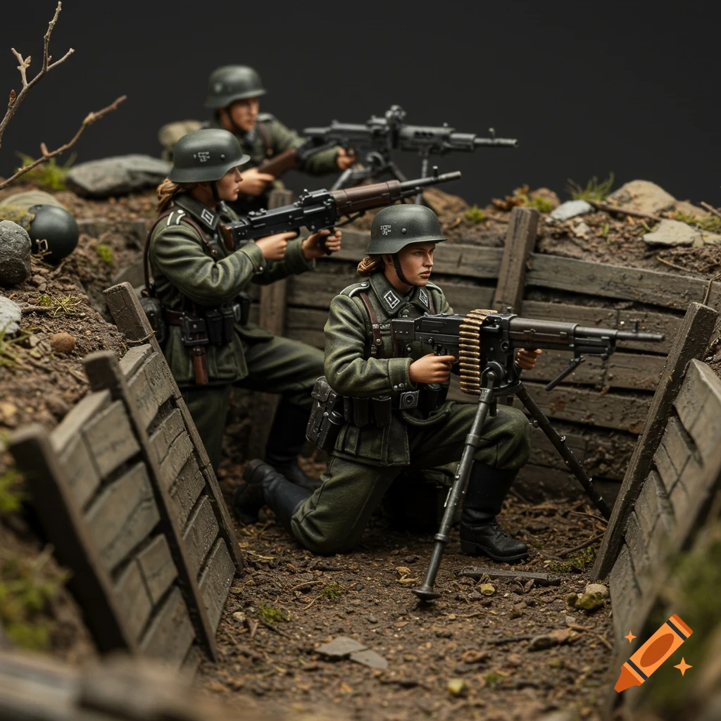 Diorama of female German WWII soldiers with machine guns in a trench