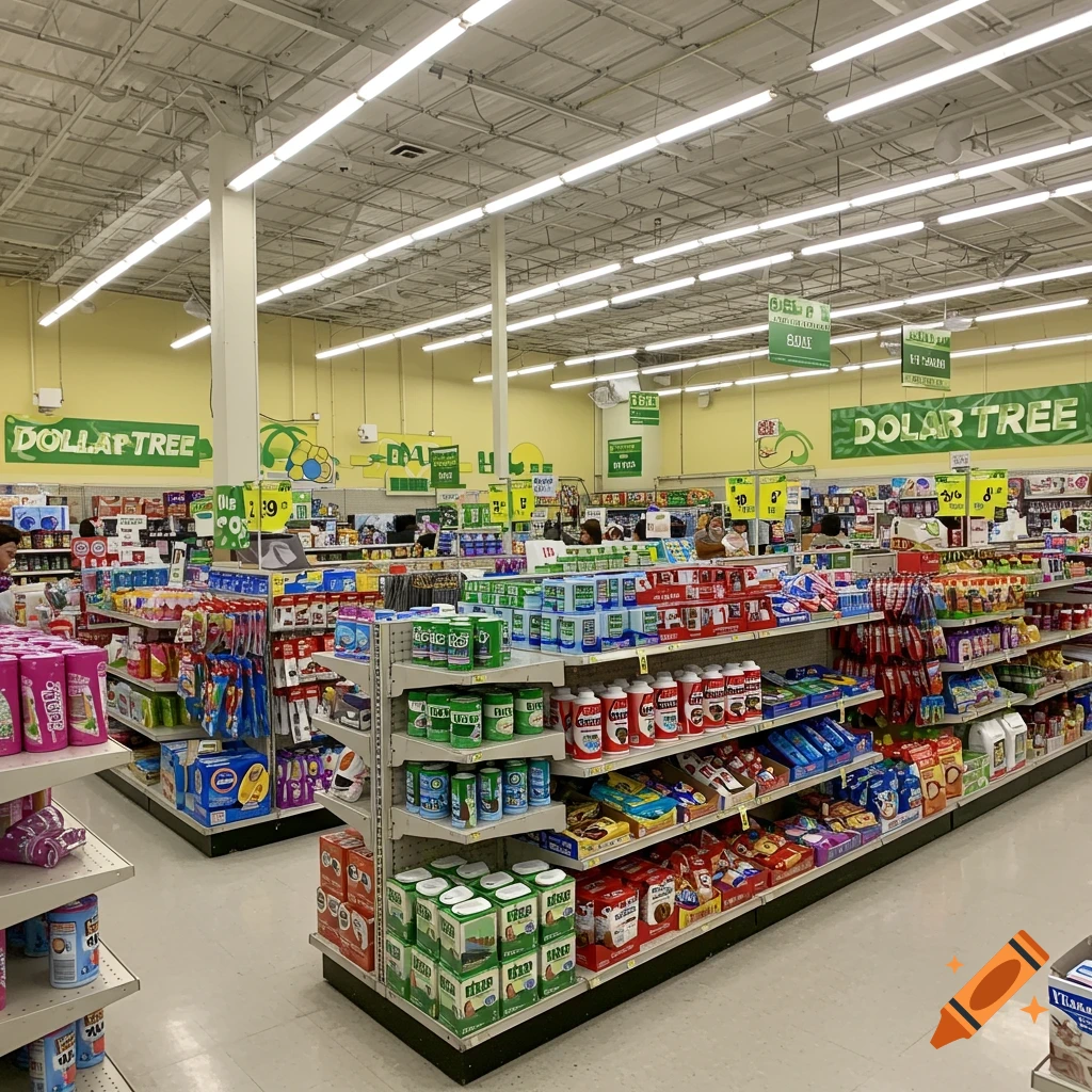 View down aisles inside a Dollar Tree store filled with merchandise.