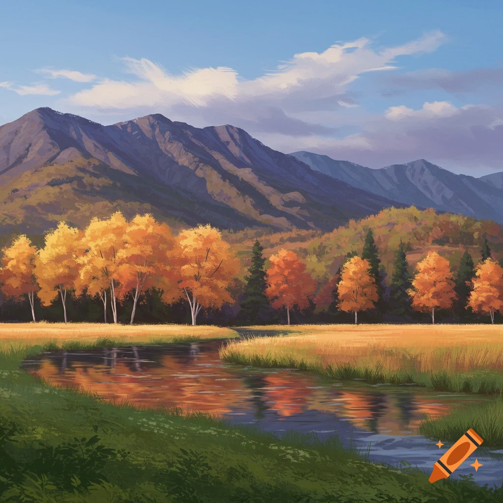 An autumn landscape with mountains, river, and trees.