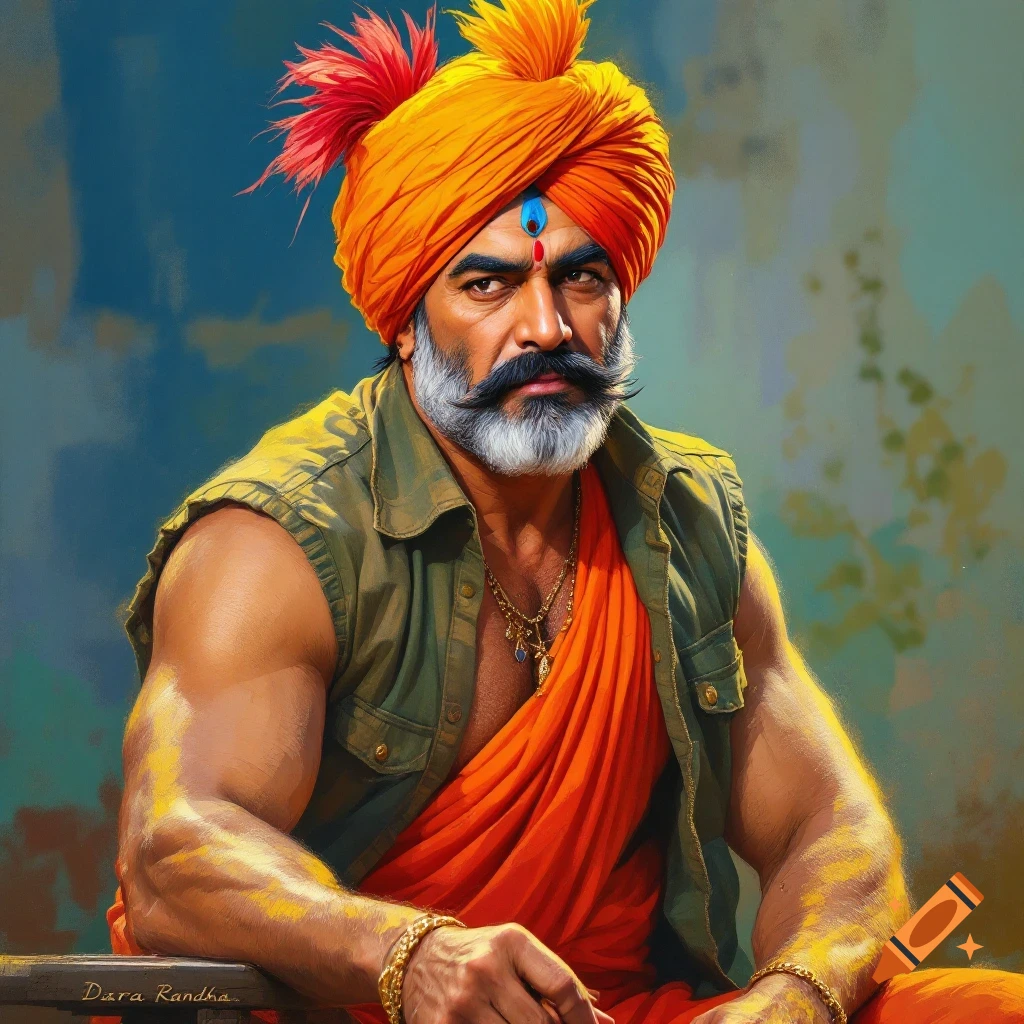 Muscular man in an orange turban and green vest.