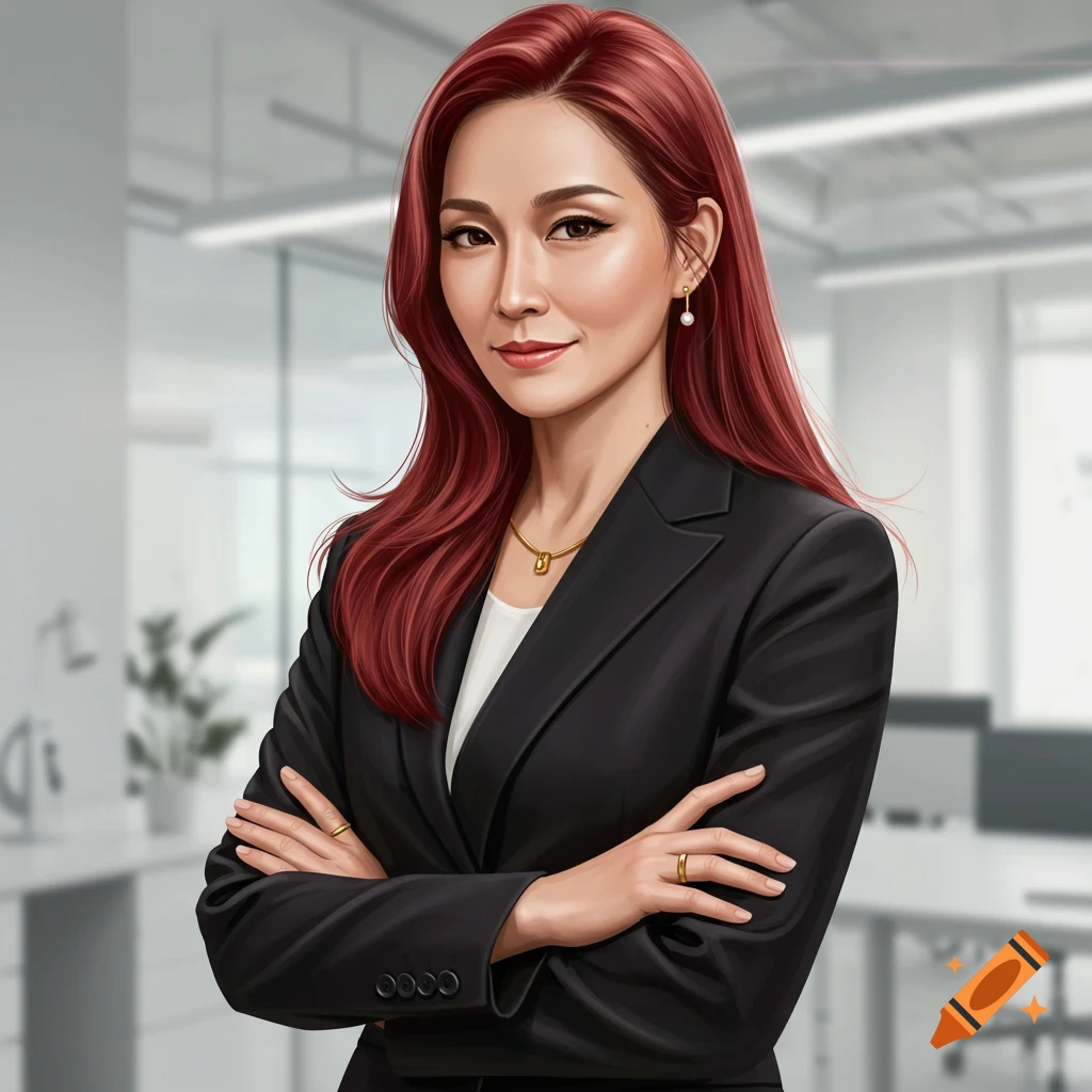 Image of an Asian businesswoman with red hair in a black suit, arms crossed in an office.