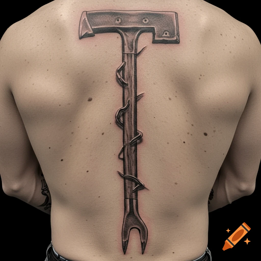 Tattoo of a firefighter Haligan tool on a man's back