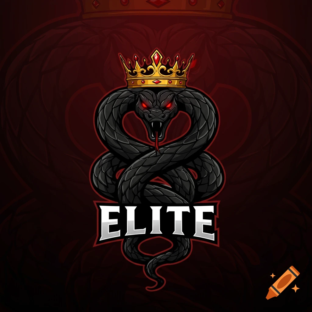 A logo featuring a black coiled snake wearing a gold crown with red gems, with the word ELITE below it, on a red background.
