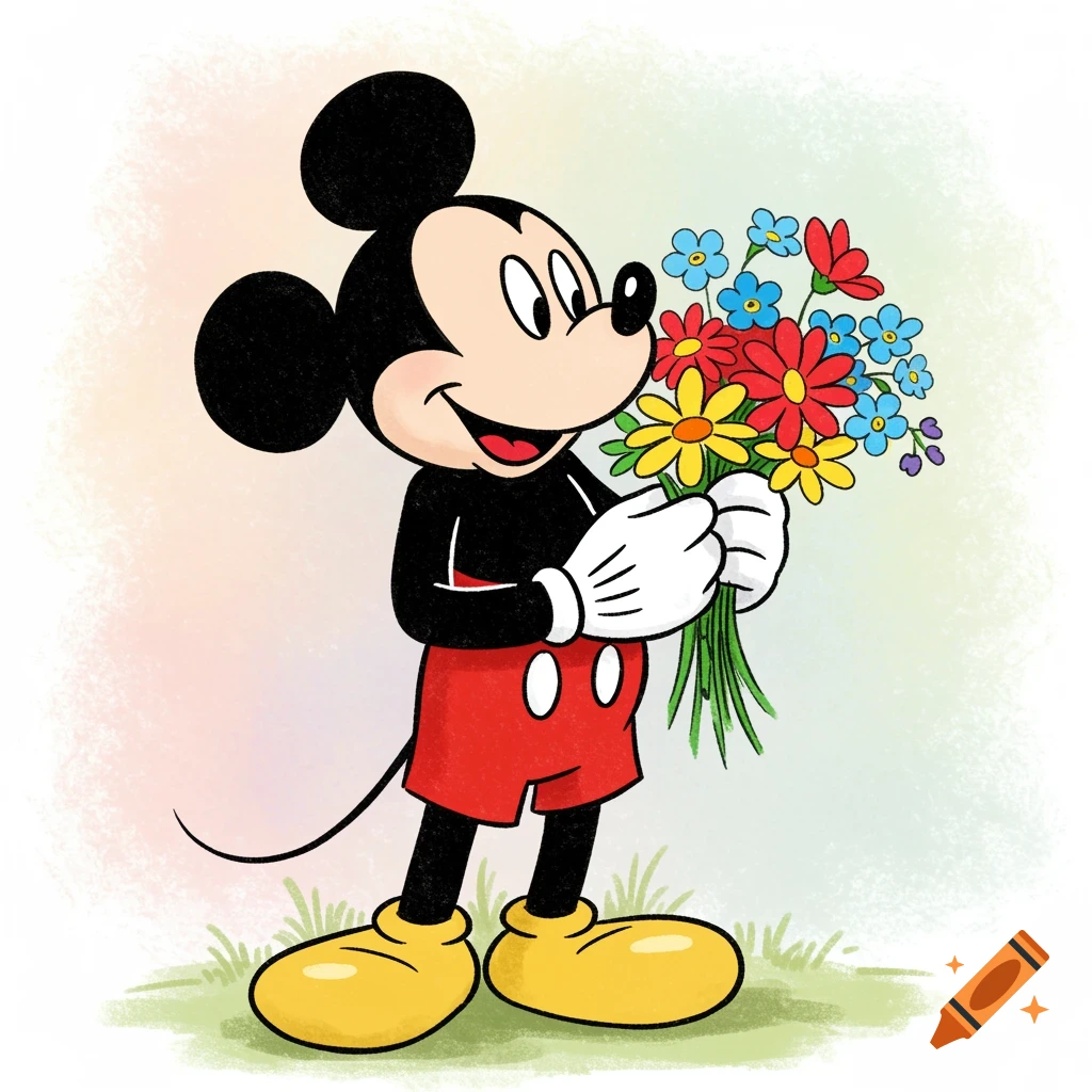 Mickey Mouse holds a bouquet of colorful flowers in a cartoon drawing. on  Craiyon, image size:1024x1024