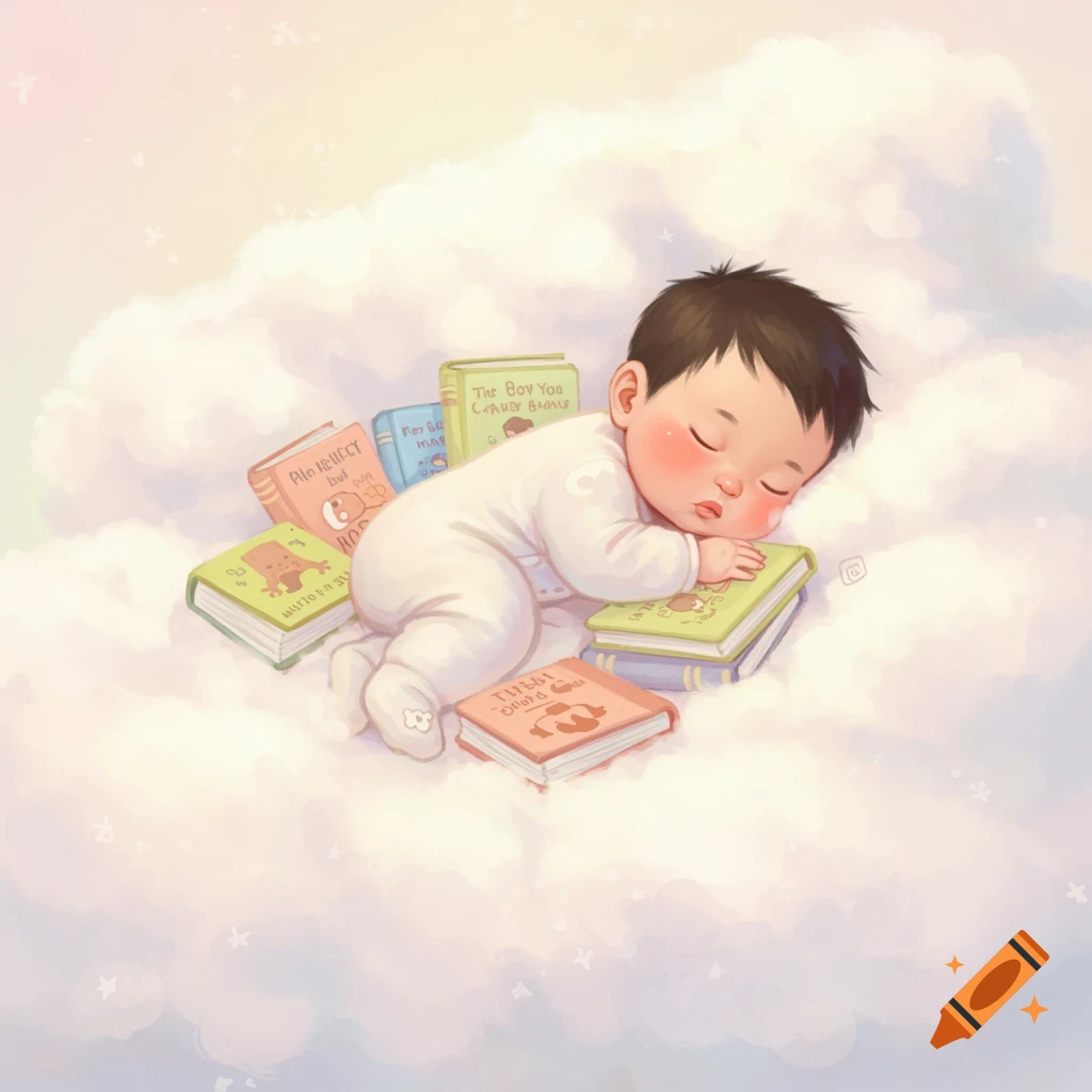 Whimsical illustration of a baby sleeping on a cloud surrounded by colorful books.