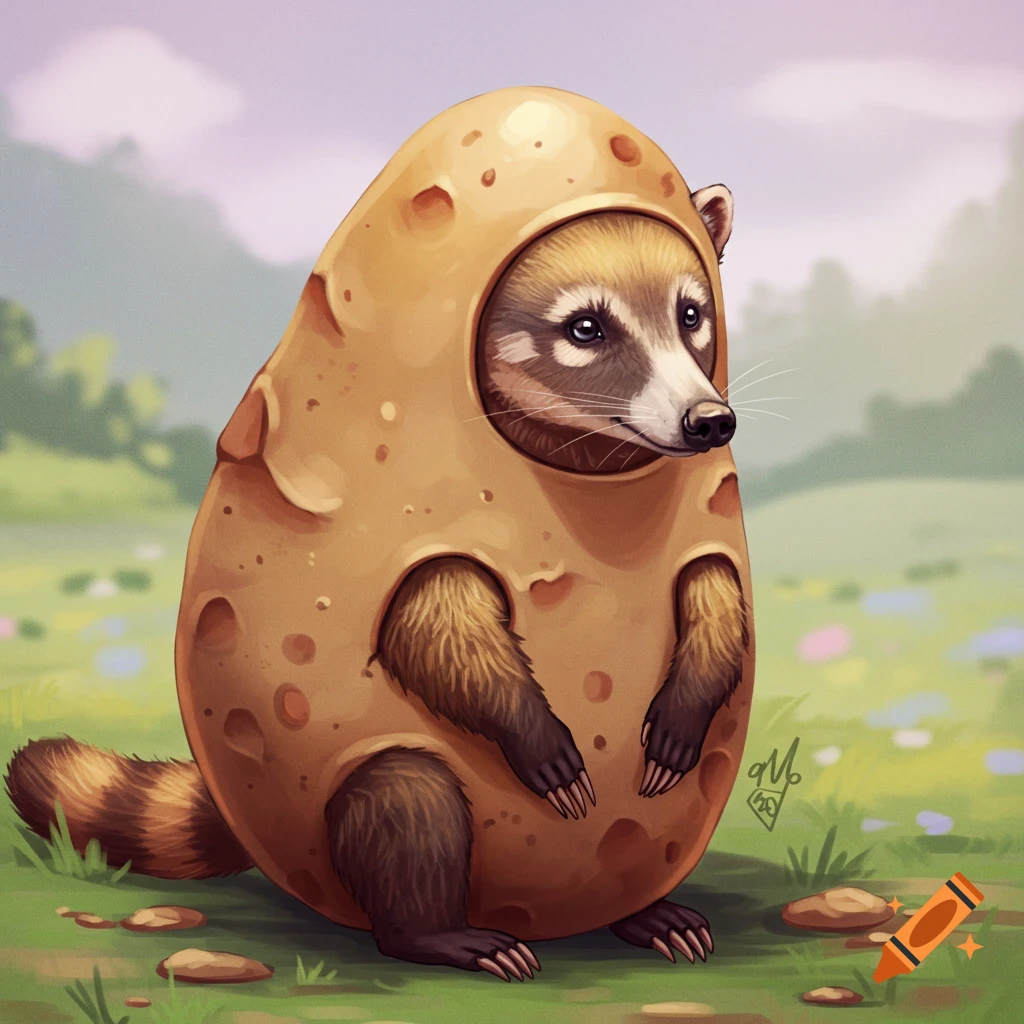 A coatimundi wearing a potato costume is sitting in a grassy field.