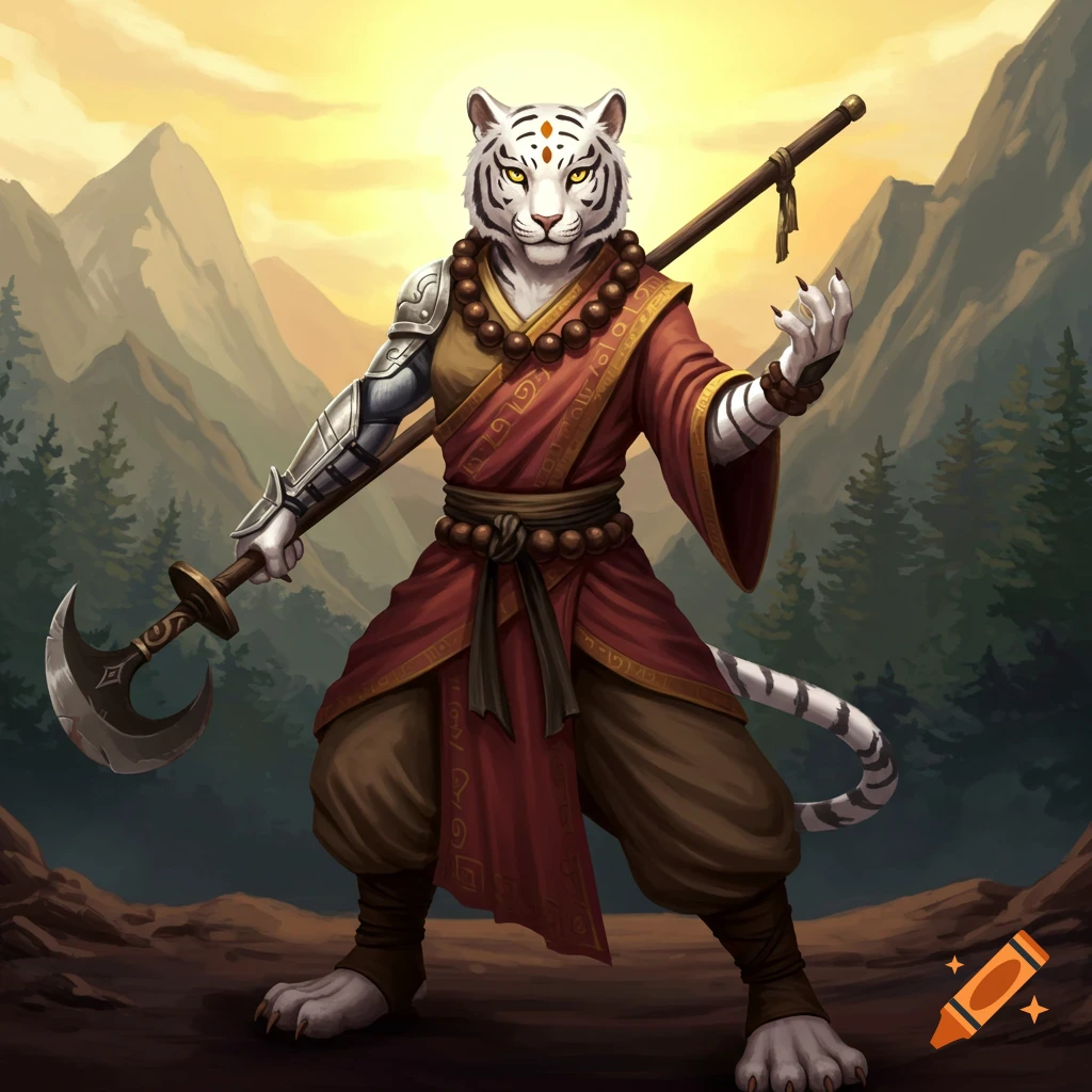 A white tiger monk in armored robe holds a polearm in a mountain landscape.