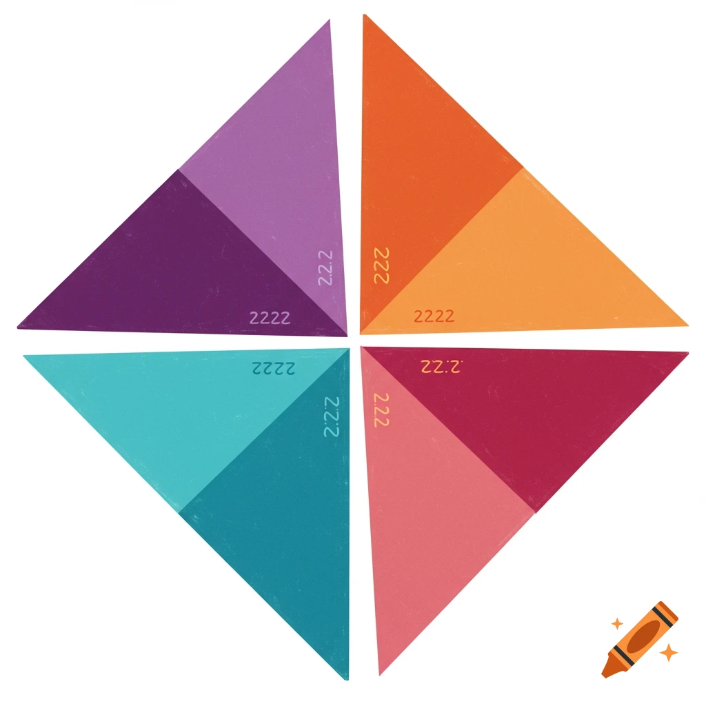 Abstract artwork of four triangles arranged in a diamond shape, each split into two colors, with numbers like 22.2 and 2222 overlaid.