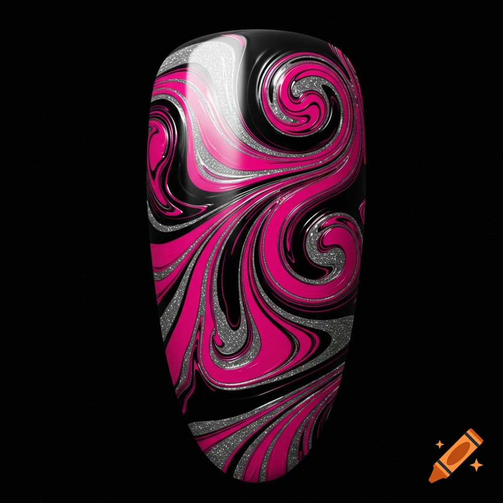 Close-up of a nail tip with black, bright pink, and silver glitter swirl pattern.