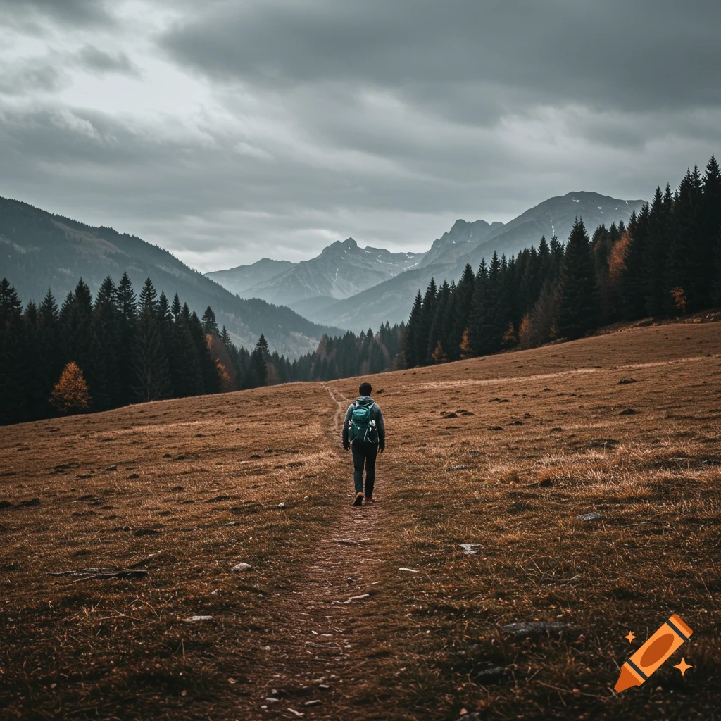 A person walks on a path through a grassy field towards a forest and mountains under a cloudy sky.