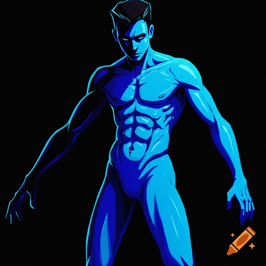 Stylized image of a muscular blue figure.