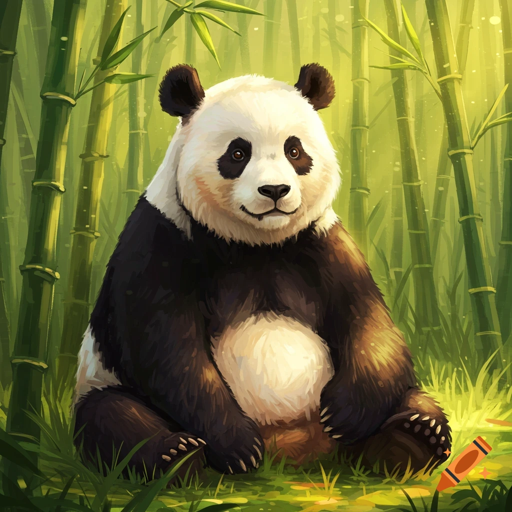 A panda sitting in a bamboo forest.