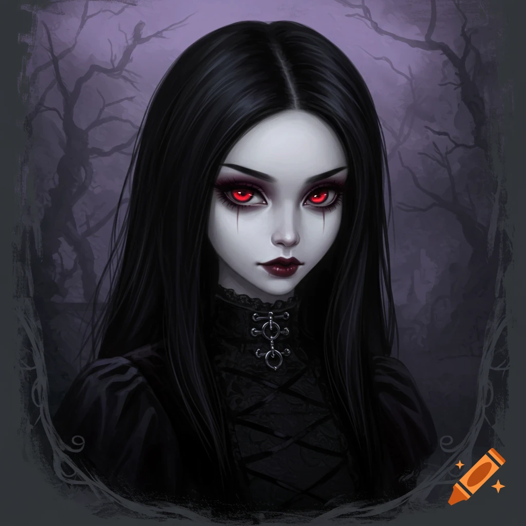 Gothic girl with red eyes and black hair against a dark forest background.