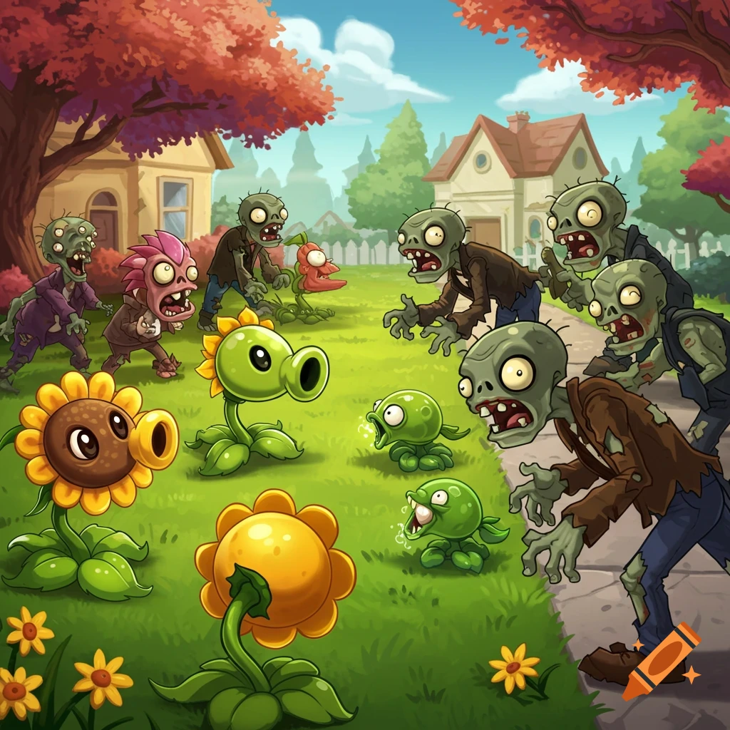 cartoon zombies approaching plants like sunflowers and peashooters in a garden, in the style of Plants vs Zombies.
