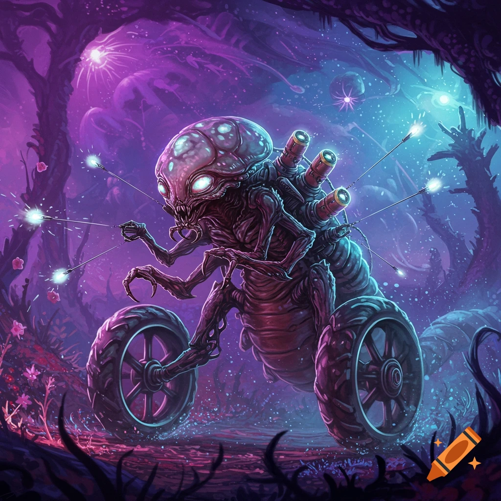 An alien creature on wheels is shooting darts in a glowing purple forest.