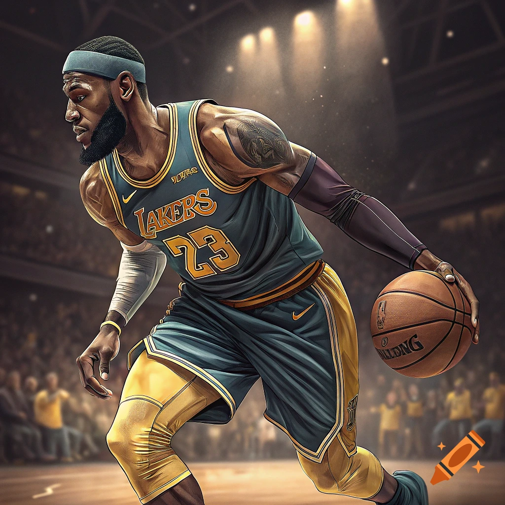 Illustration of a basketball player in a Lakers jersey dribbling on a court.
