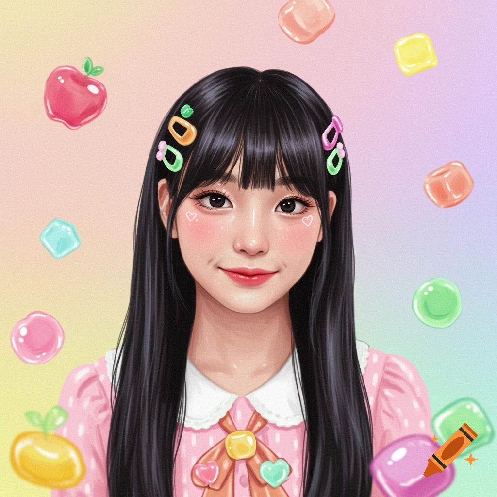 Portrait of an Asian girl with colorful hair clips and candy shapes in a vibrant jelly art style.