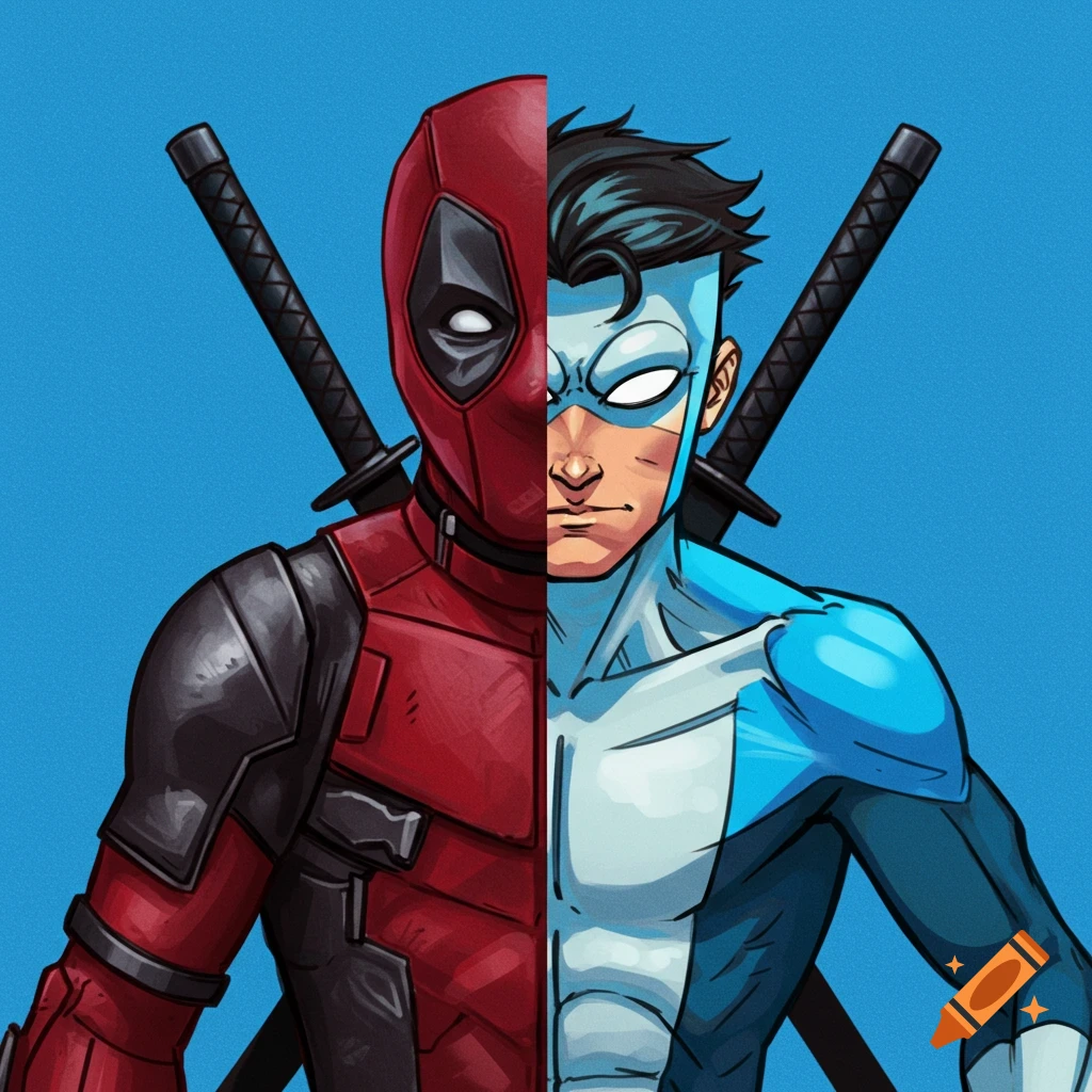 A split image, one side is Deadpool, the other is Invincible, against a blue background.