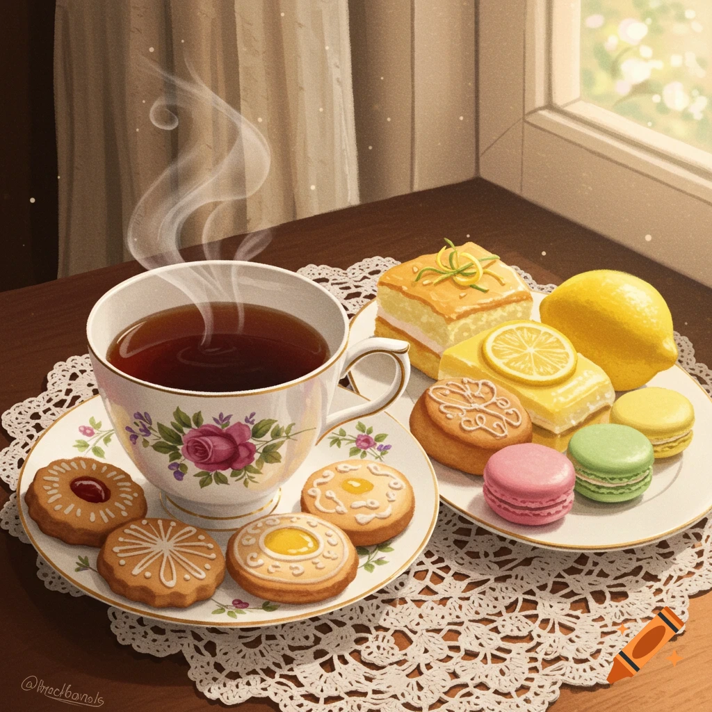 A teacup, biscuits, lemon cake, macarons, and a lemon are arranged on a table by a window.