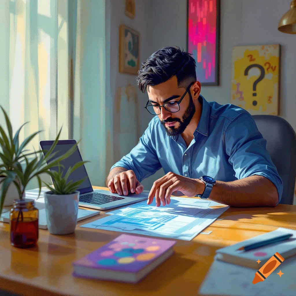 A man in glasses works at a desk with a laptop and documents.