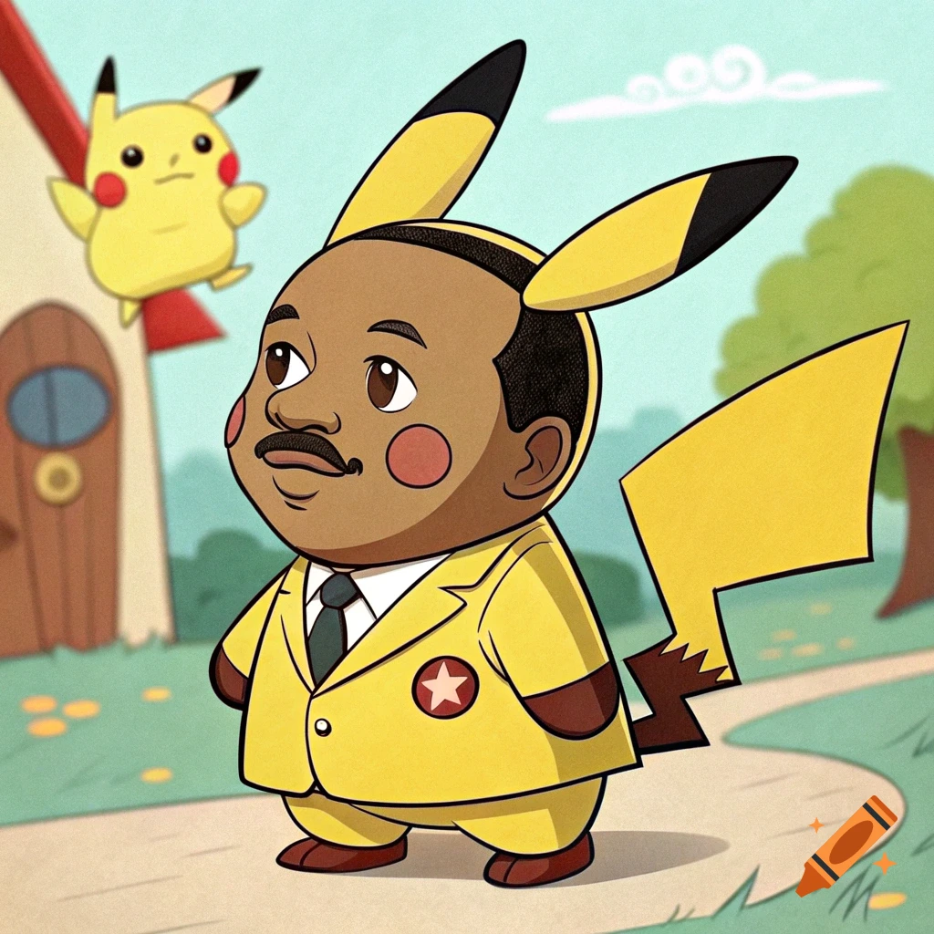Cartoon hybrid of Martin Luther King Jr. and Pikachu in a yellow suit, with another Pikachu in the background