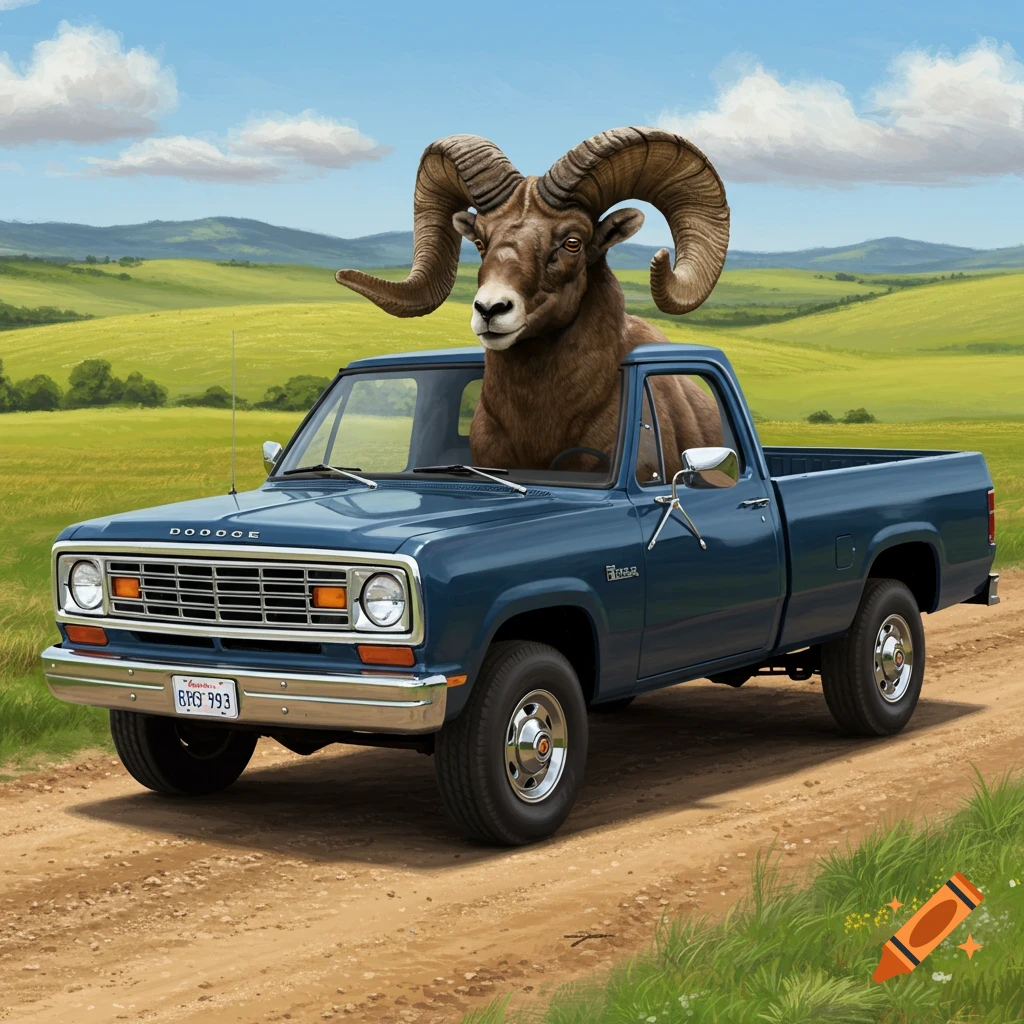 A large ram sits in the driver's seat of a blue pickup truck on a dirt road.