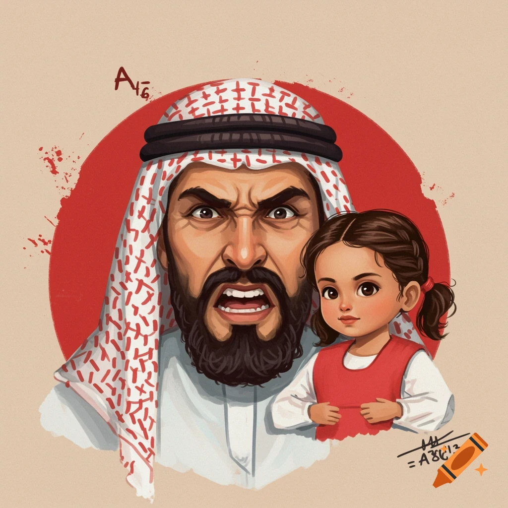 An angry father with a beard is standing next to his calm young daughter.