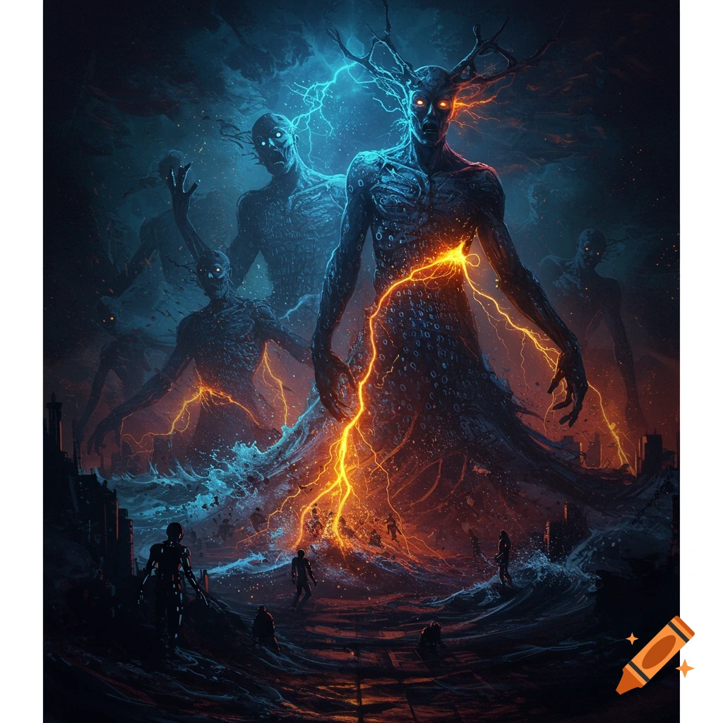 Dark fantasy scene of monstrous figures with glowing eyes and lightning rising from a ruined landscape with small human figures.