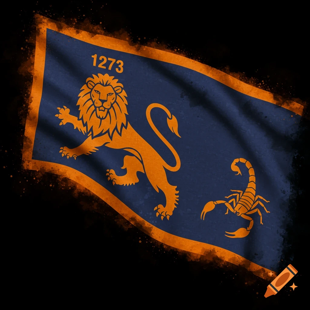 A blue flag with orange trim, featuring an orange lion, scorpion, and the number 1273.