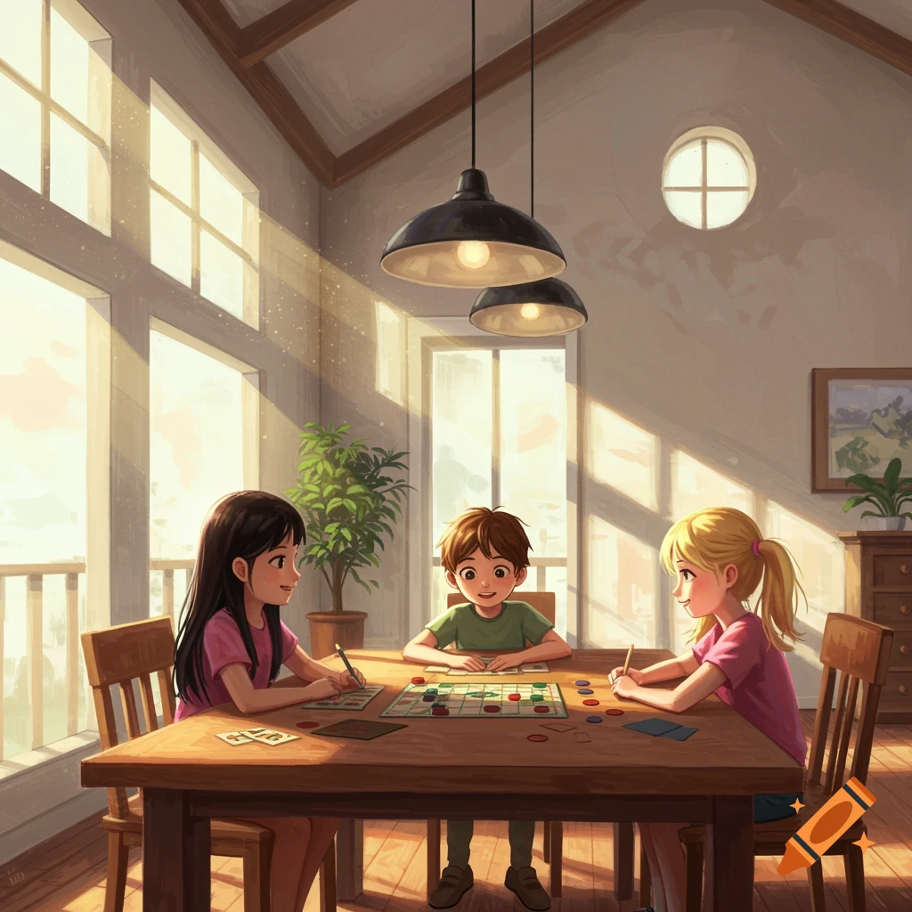 Three children play a board game at a table in a sunlit room, digital illustration.