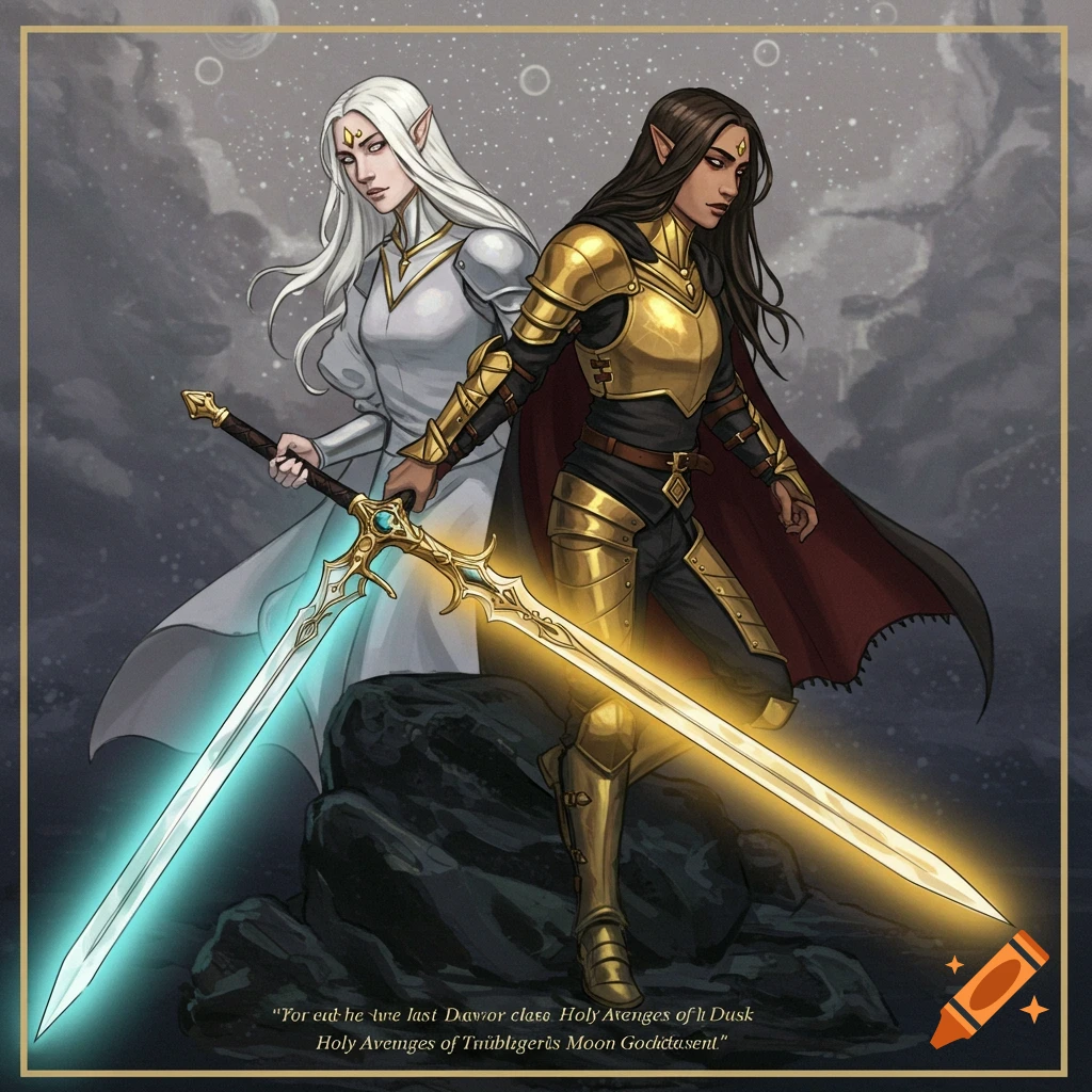 Two female fantasy characters, elves in armor, hold glowing swords against a starry night sky.
