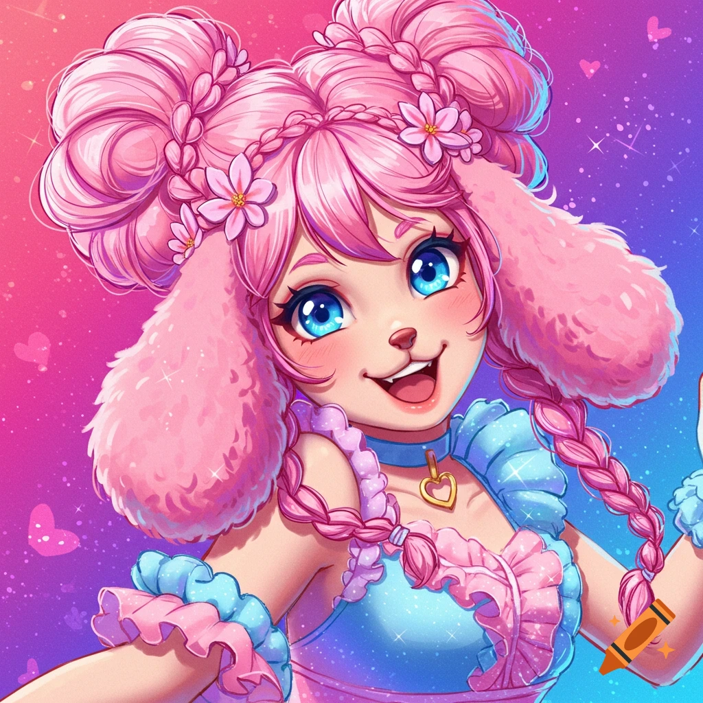 A pink furry character with blue eyes and frilly blue and pink clothes.