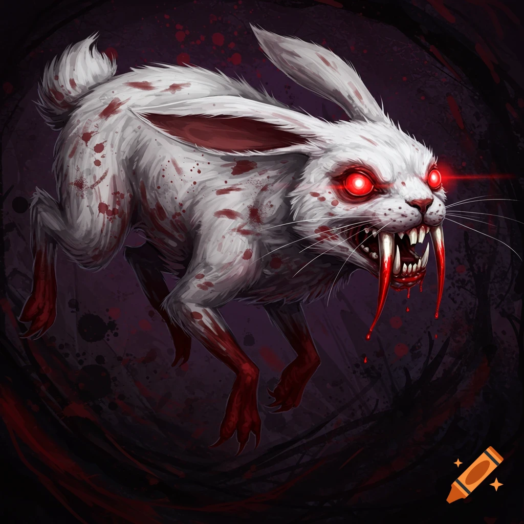 A white rabbit with glowing red eyes, bloody fangs, and blood spatters