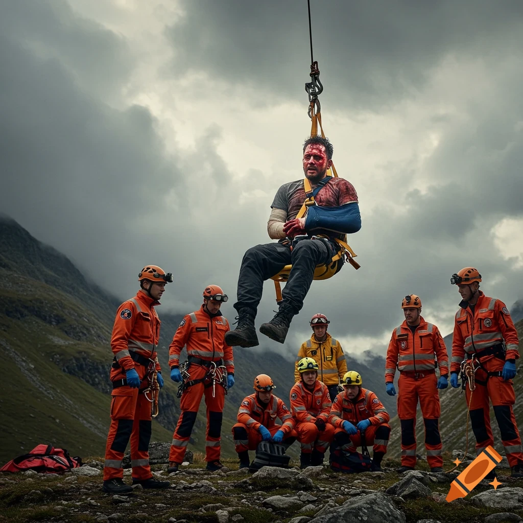 Photorealistic image of an injured man suspended from a helicopter above rescuers on a mountain.