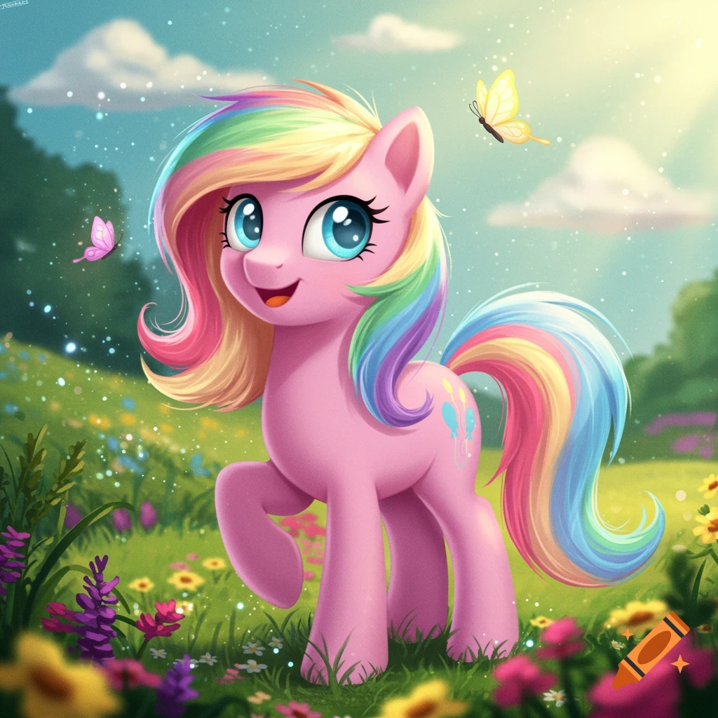 A vibrant cartoon pink pony with rainbow hair stands in a sunny meadow with butterflies.