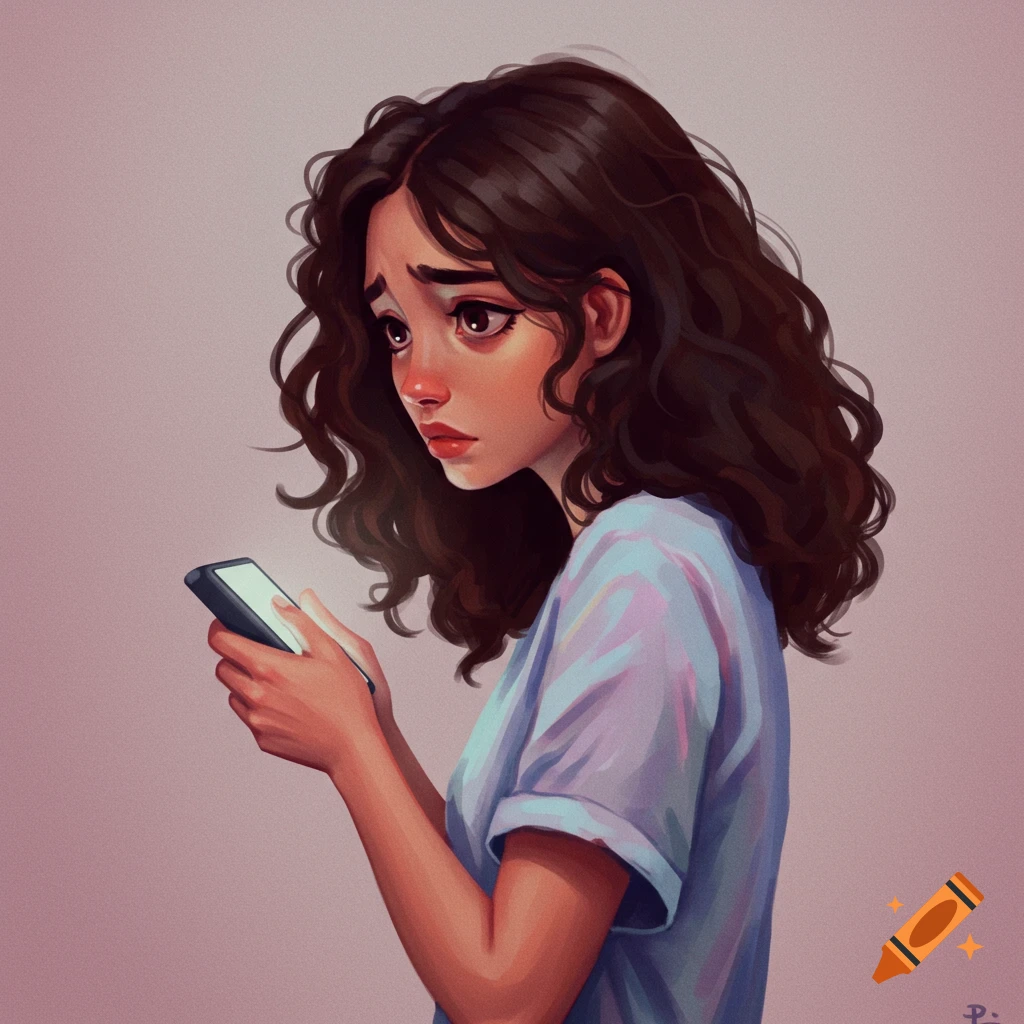 A distressed woman looks at her phone.