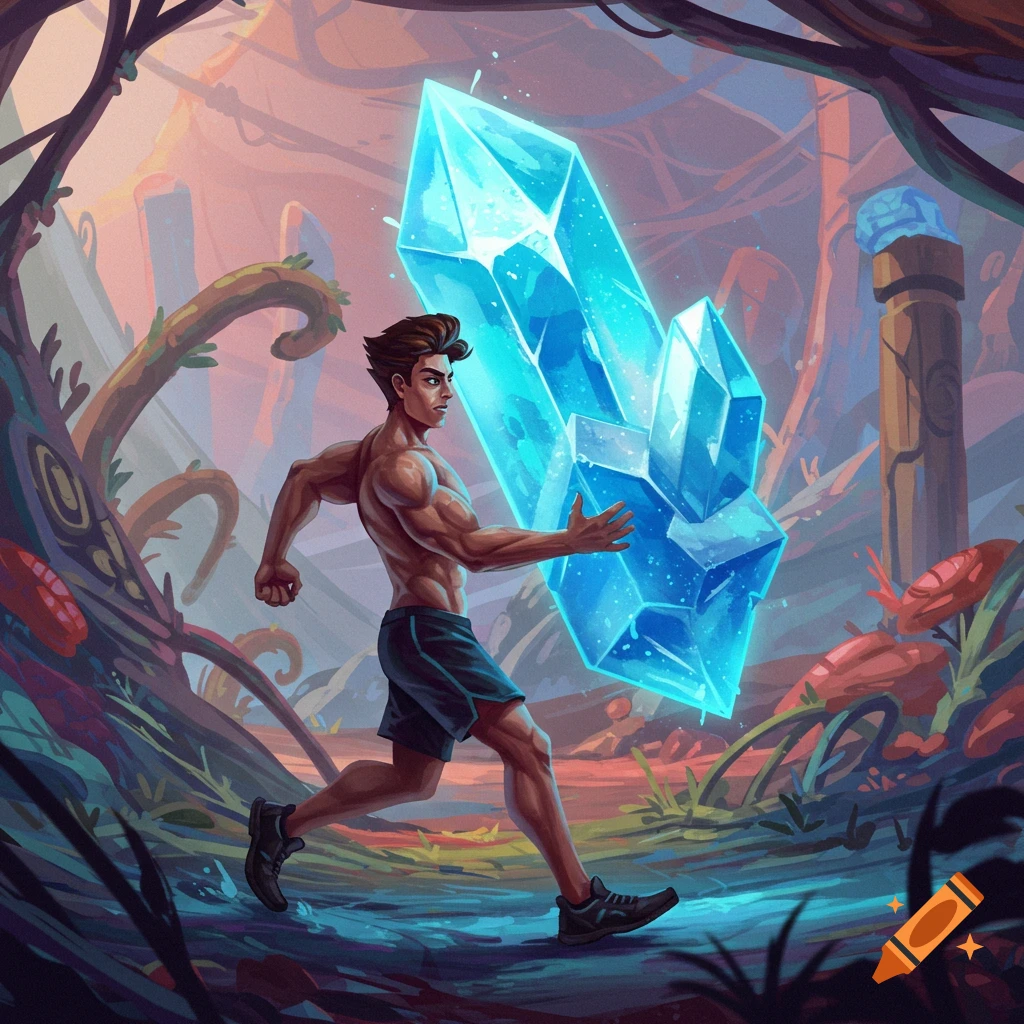 A man running with a glowing blue crystal through a fantasy forest.