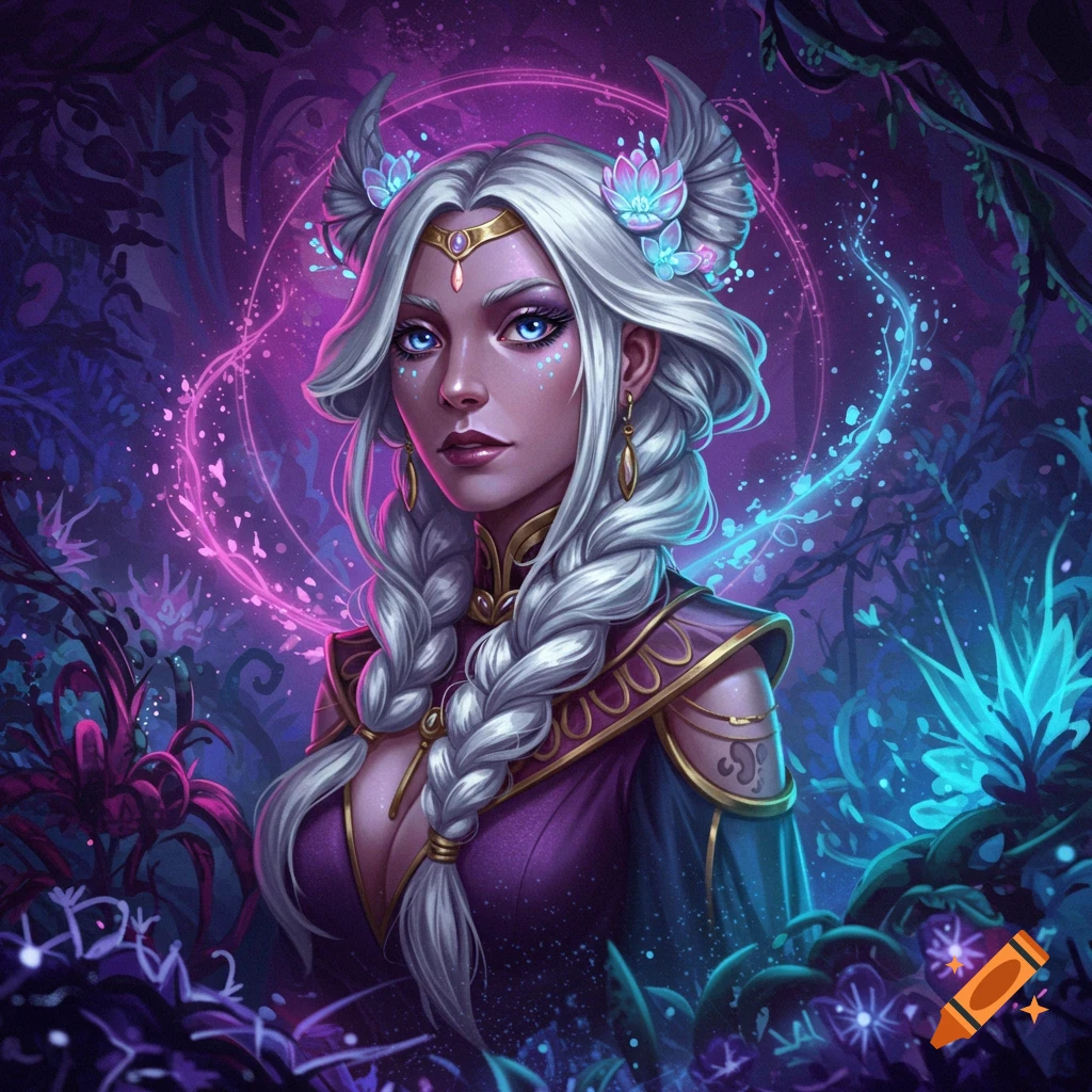 A fantasy character with braided white hair, horns, and glowing blue eyes in a mystical jungle.