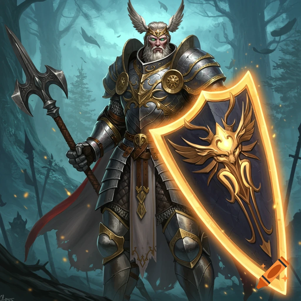 A majestic paladin in armor holding a glowing shield and spear in a dark forest.