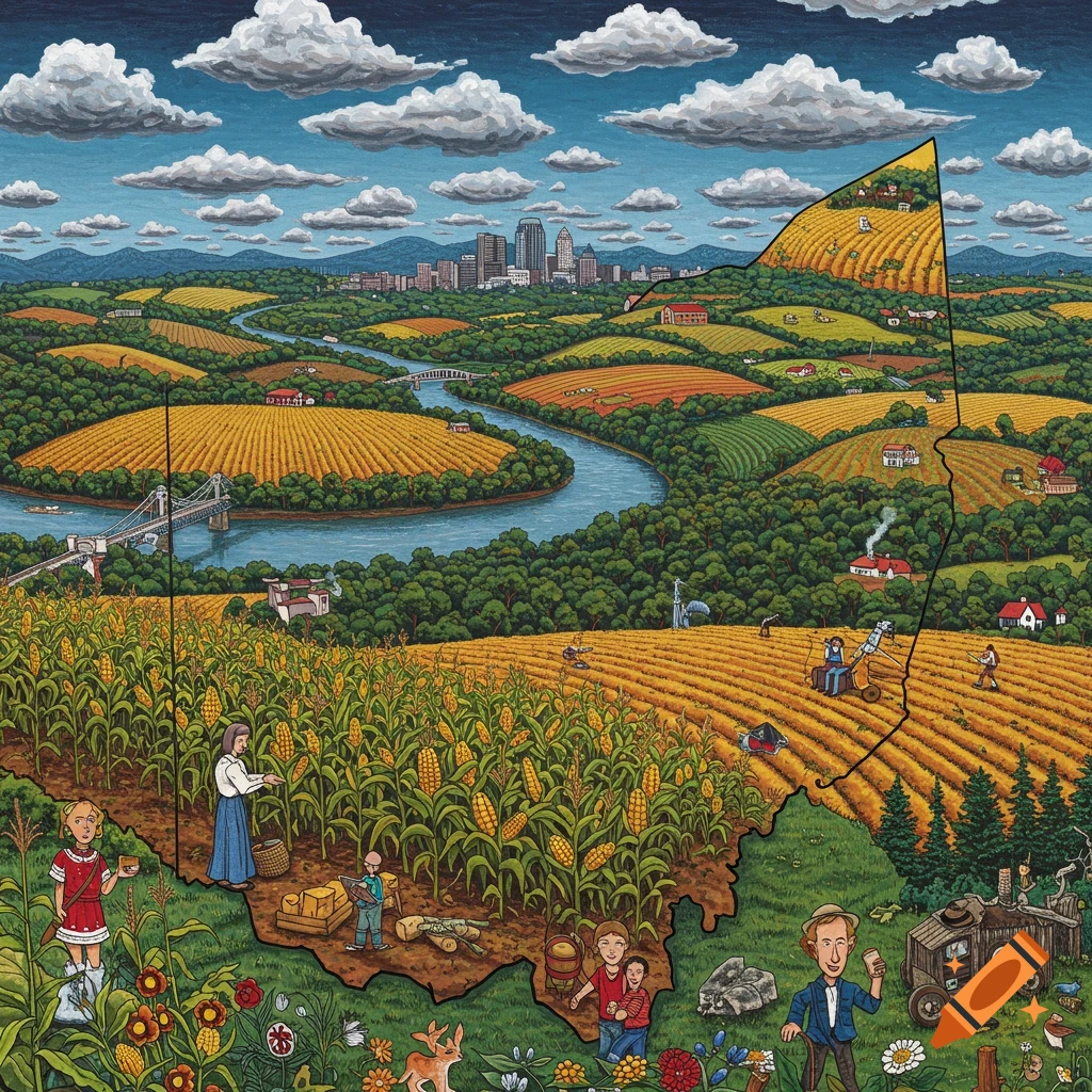 An illustration showing Ohio's landscape and farming, featuring fields, a river, a city skyline, and people framed by the state's shape.