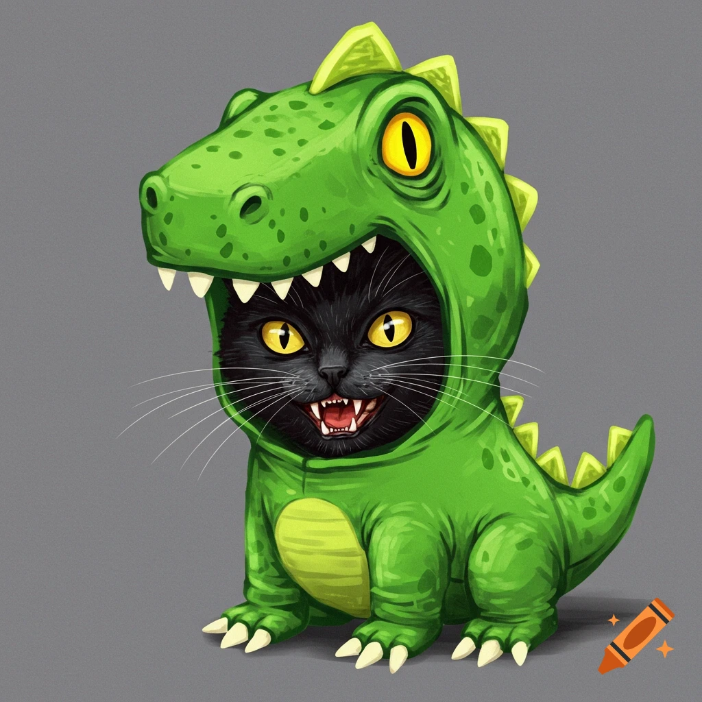 A black cat in a green dinosaur costume.