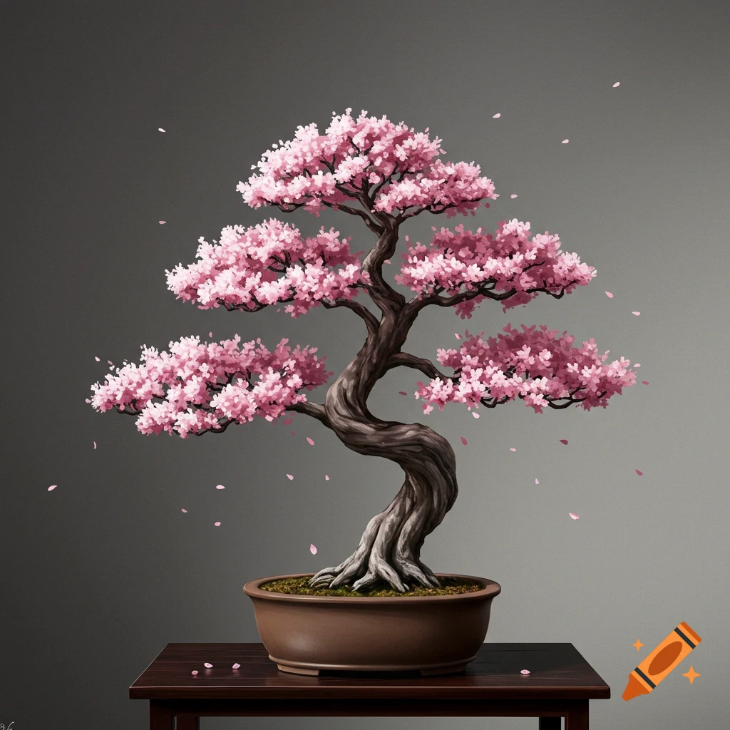 A cherry blossom bonsai tree with pink flowers and falling petals, sitting in a pot on a dark table.