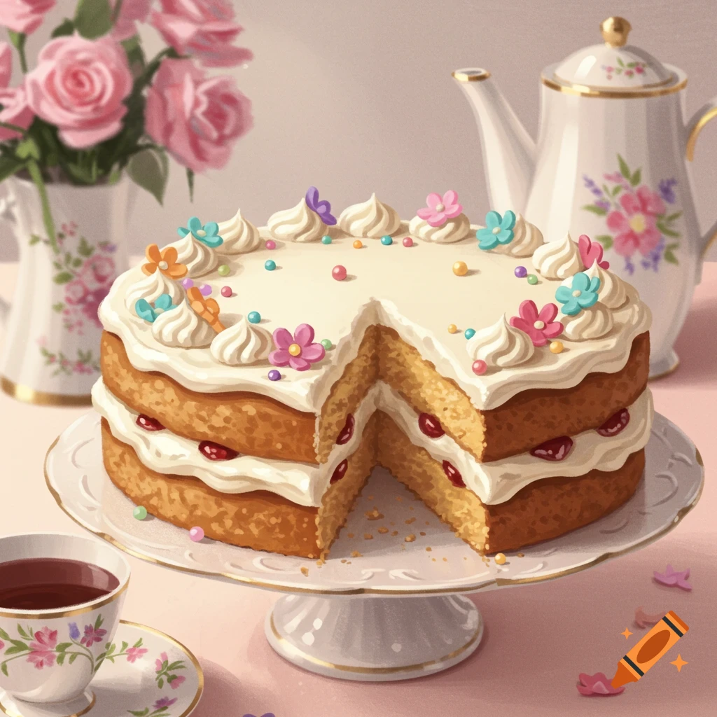 Decorated cake with a slice cut out, served with tea