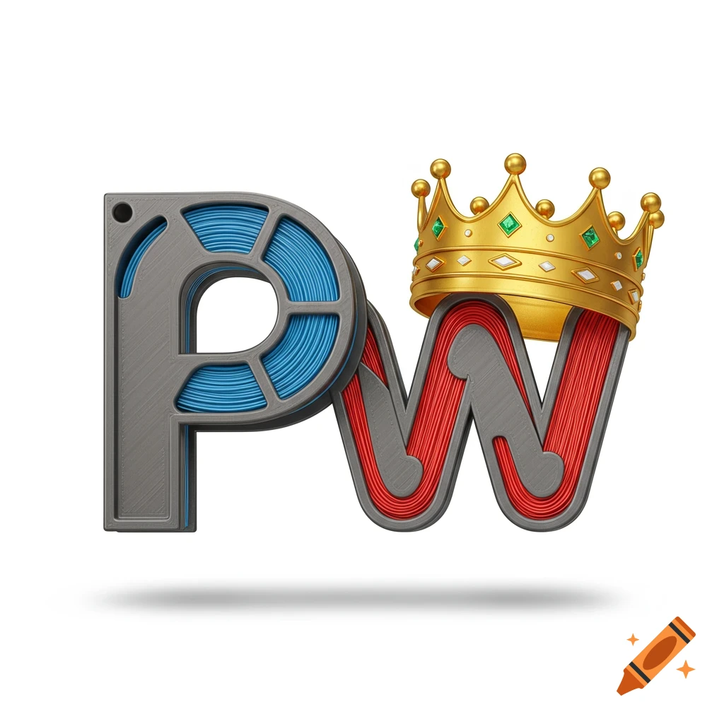 Stylized 'PW' monogram made of 3D printer filament, topped with a crown