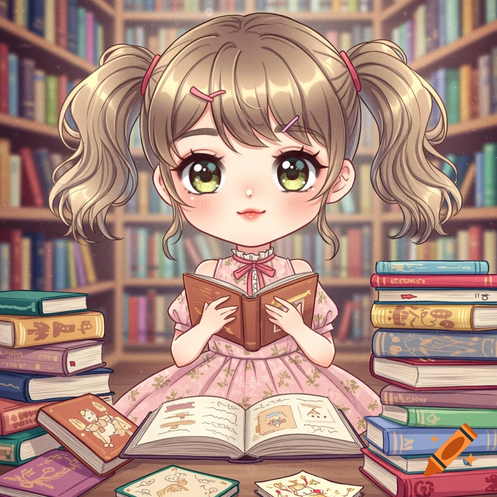 Whimsical anime chibi girl reading in a library.