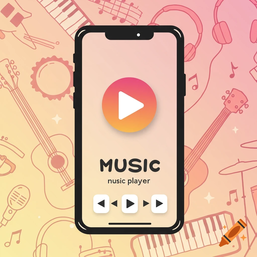 Flat illustration of a smartphone showing a music player app interface with musical instruments in the background.