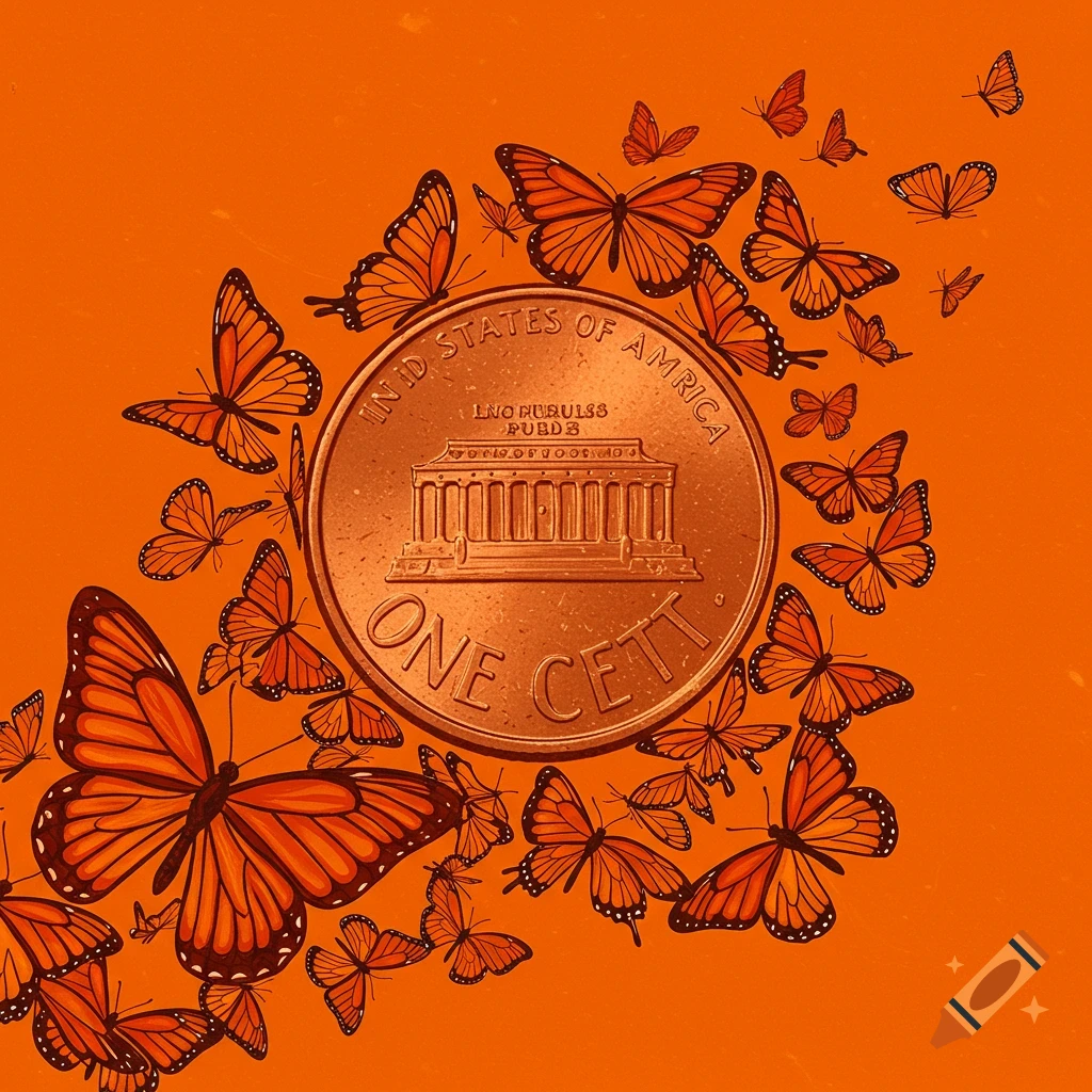 Digital illustration of a US penny surrounded by many orange monarch butterflies on an orange background.