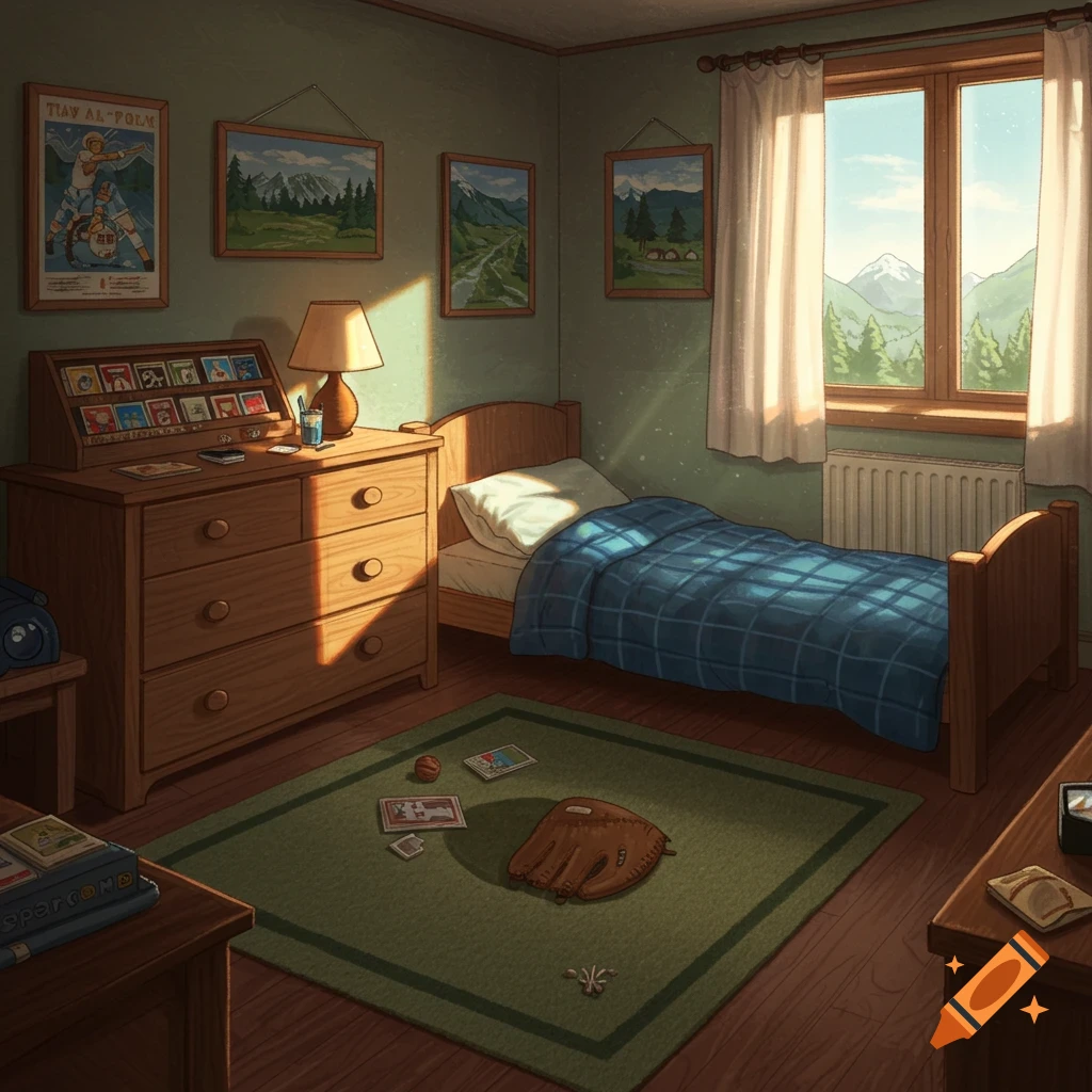 A cozy bedroom with a bed, dresser, window with a mountain view, a baseball glove and cards on a rug, and sunlight streaming in.