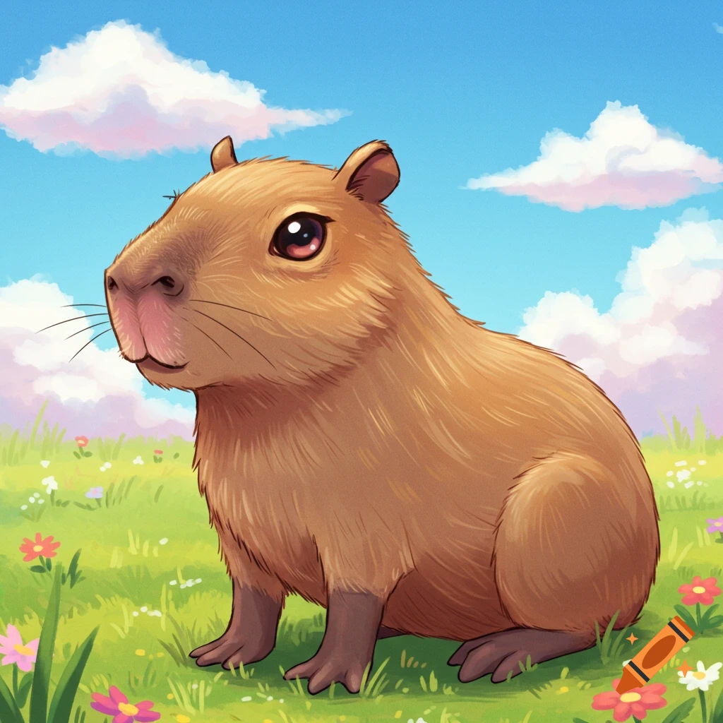 A capybara sits in a field of flowers under a blue sky with clouds, in a stylized illustration.